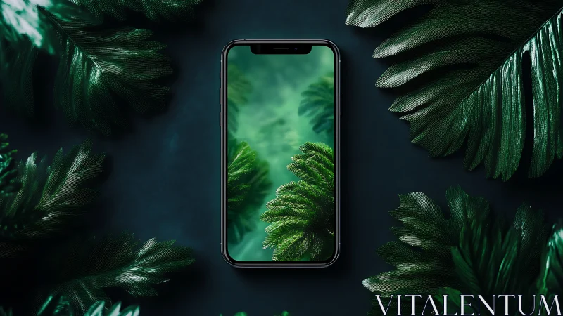 Smartphone centered among dark green tropical leaves.