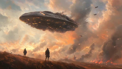 Colossal alien warship looms over battlefield at fiery dusk