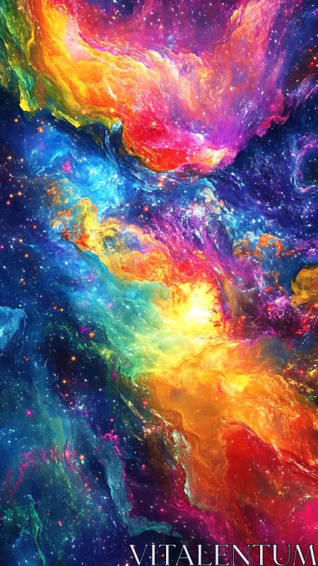 Vibrant multicolor cosmic nebula swirling through space.