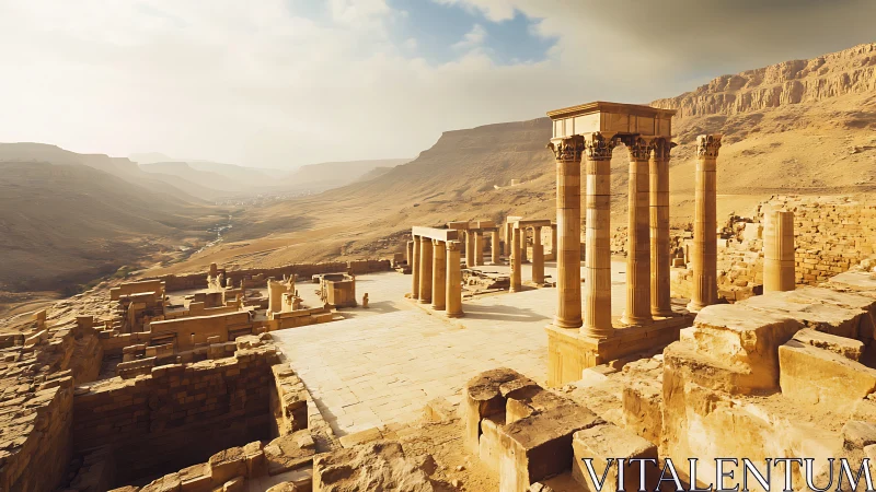 Ancient sandstone temple ruins in arid desert valley landscape.