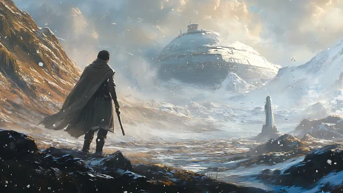 Wanderer weighs destiny before a buried skyfaring citadel