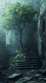 Digital painting of overgrown stairwell in ruined courtyard.