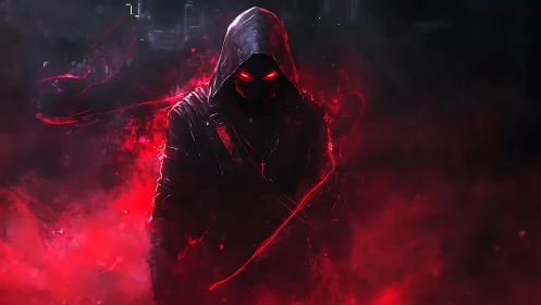Hooded figure with red glowing eyes in smoky darkness.