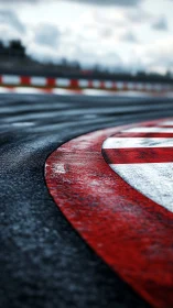 Wet racing circuit apex rendered with cinematic depth of field