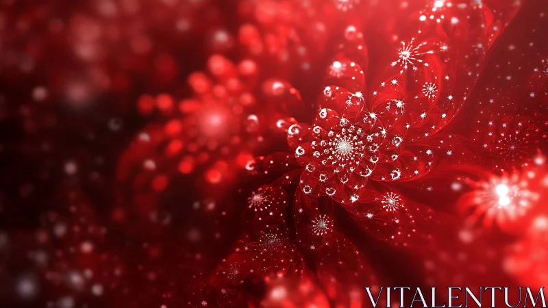 Crystalline red fractal bloom with radial particle dispersion.