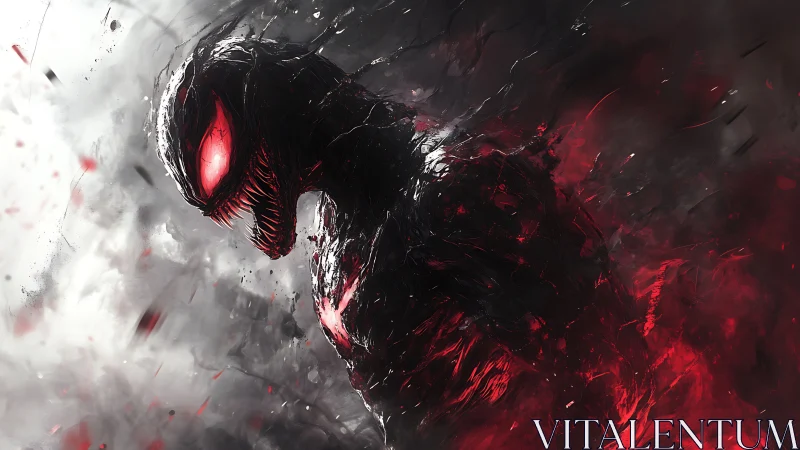 Brooding dark creature wrapped in swirling red energy glow.