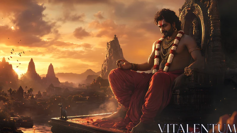 Epic warrior king on ornate throne above sunset kingdom.