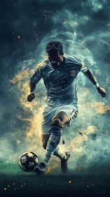 Storm-lit soccer hero racing through a blaze of motion.