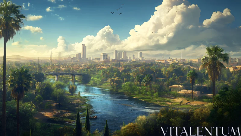 Riverine neo-oasis cityscape under cumulonimbus convection.