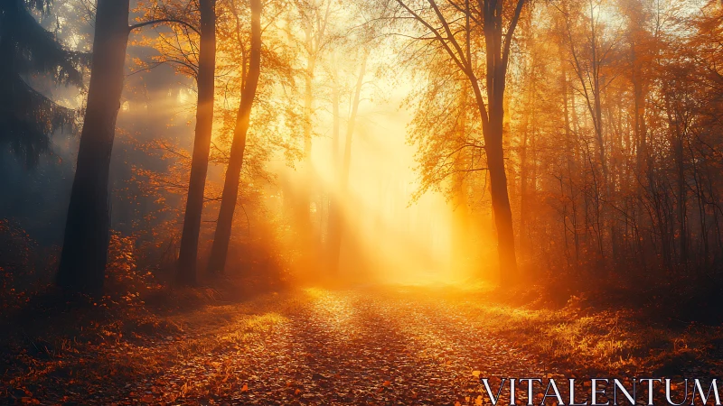 Golden forest path glowing with soft morning sunbeams.