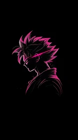 Neon anime warrior profile glows against deep black void