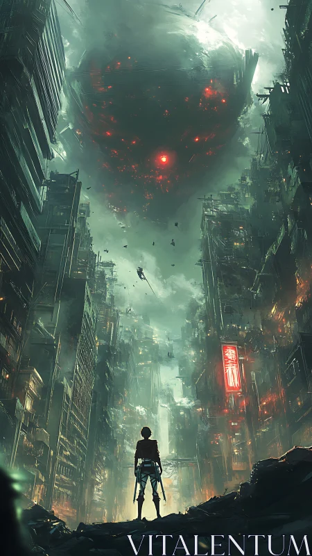 Solitary figure beneath vast burning sphere over city ruins.
