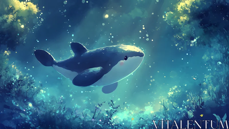 Digital painting of a luminous whale drifting in forestal waters.