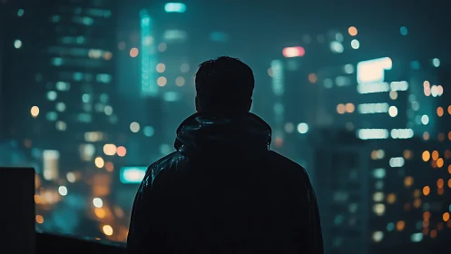 Backlit figure studies bokeh-heavy neon city skyline at night
