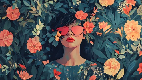 Stylized woman in floral foliage with oversized pink glasses