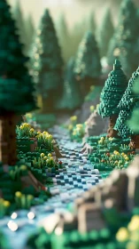 Pixelated Forest Path with Coniferous Trees and Wildflowers.