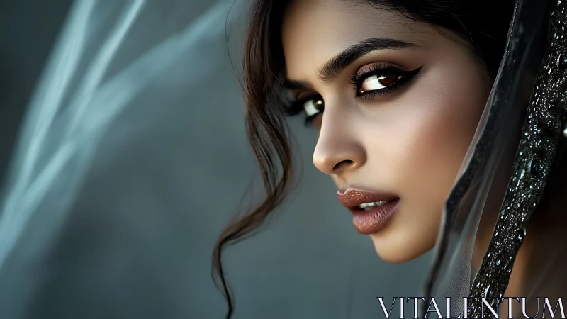 Close-up portrait of woman with intense gaze and veil.