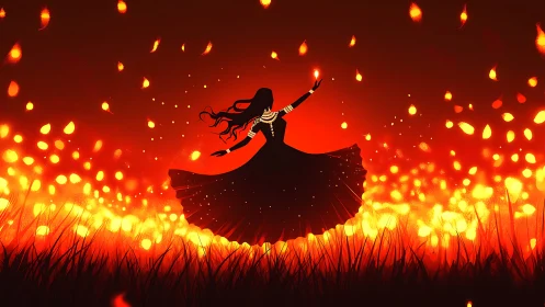 Silhouetted female figure amid floating firelight in field.