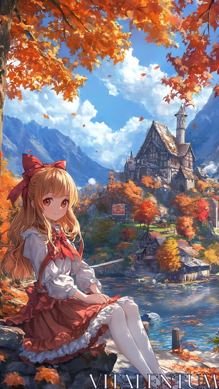 Autumn anime girl rests by a serene lakeside village