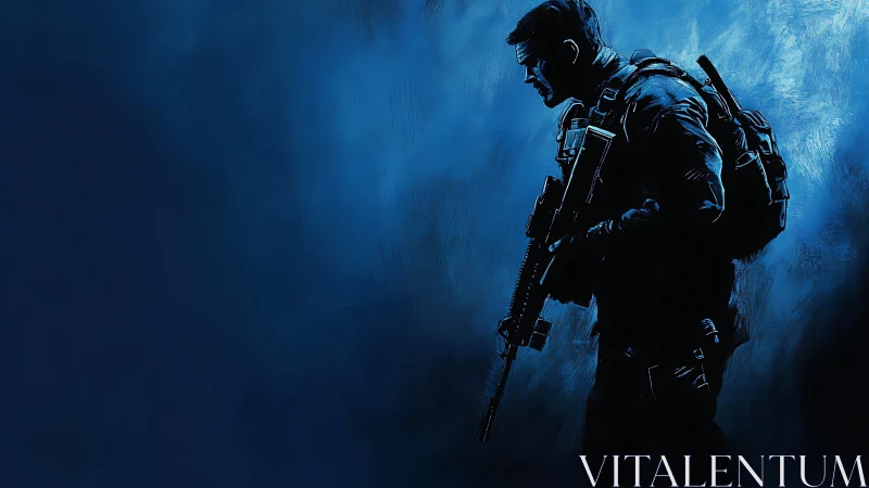 Tactical soldier silhouette in blue monochrome digital render.