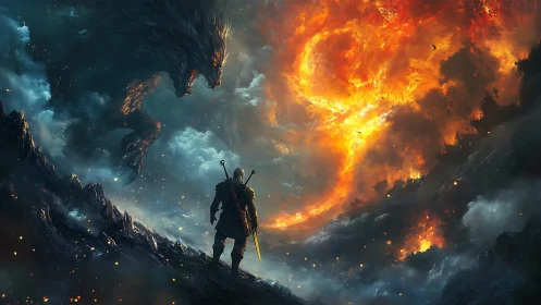 Armored warrior confronting colossal fire-wreathed shadow beast