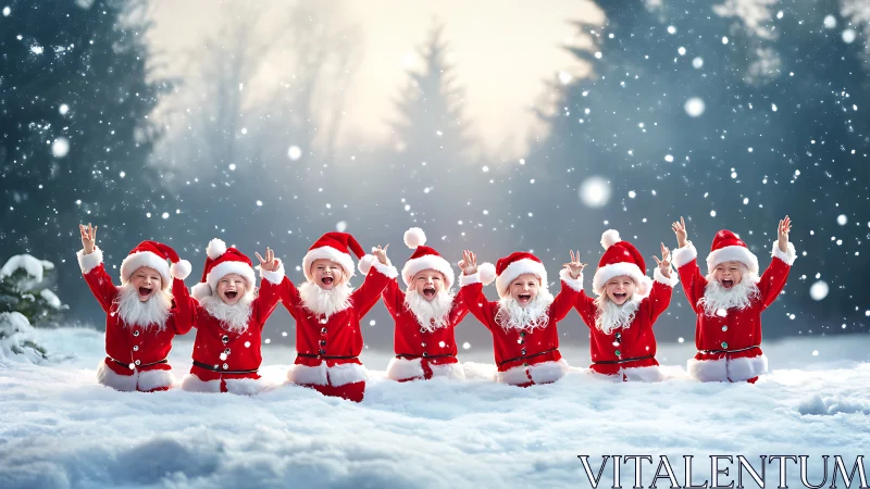 Snowbound mini Santas cheering under a sparkling sky.