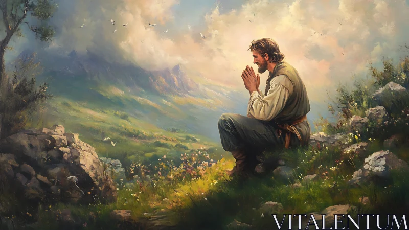 Solitary man kneels in sunlit mountain meadow, praying