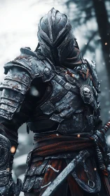 Armored dark knight stands in snow with battle-scarred steel