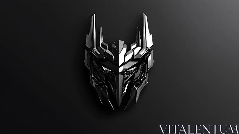 Sleek chrome robot mask shining against soft dark shadows.