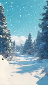 Snowy forest trail under clear blue winter sky.