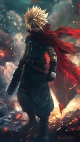 Armored gunman strides through incendiary battlefield with dynamic lighting