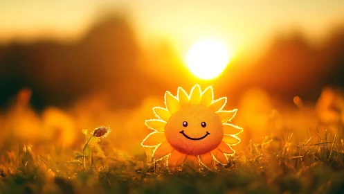 Smiling sun plush glows in golden backlit sunset field.