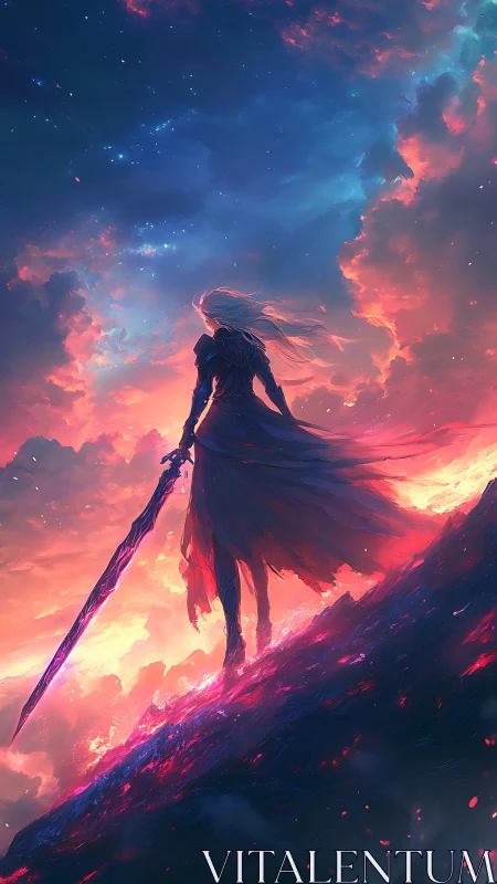 Backlit warrior silhouette on ember ridge under nebula sky