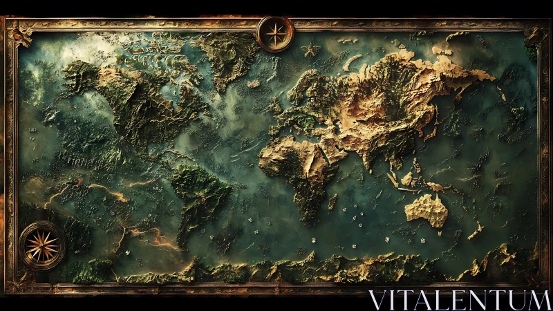 Story-rich world map glows with aged seas and rugged lands