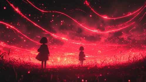 Two young friends watch glowing red streaks cross the sky