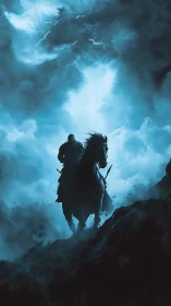 Armored rider on horseback framed by storm clouds.