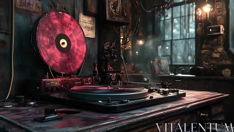 Retro industrial turntable workstation in moody loft studio