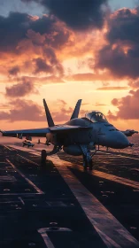 Carrier-based fighter jet taxiing under cinematic sunset light.