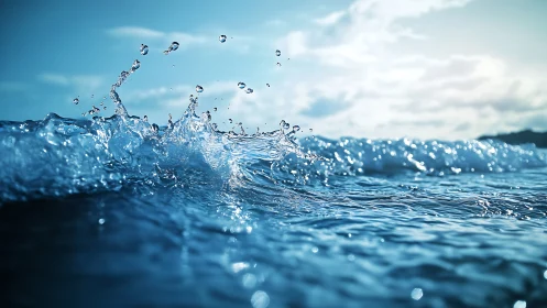 Sparkling ocean wave dancing under a soft blue sky.