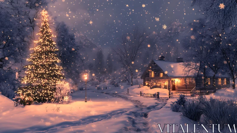 Snowlit cabin quietly hums beneath a glittering winter tree