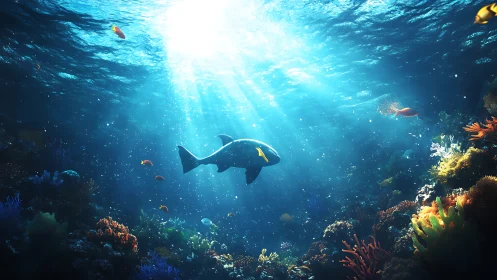 Sunlit reef fish glides through glowing underwater garden