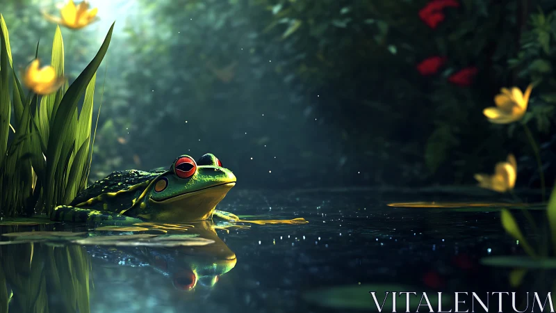 Green frog with red eyes in calm forest pond at dusk.