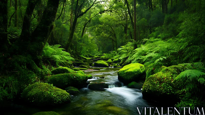 Moss-Covered Stream Flows Through Verdant Forest Sanctuary.