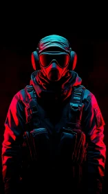 Cyberpunk operative portrait in dual-tone tactical lighting.