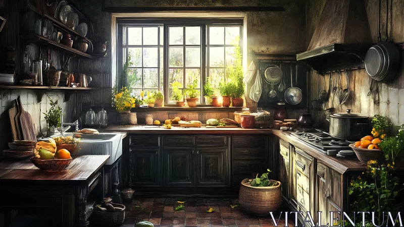 Sunlit rustic kitchen glows with herbs, produce, and warmth