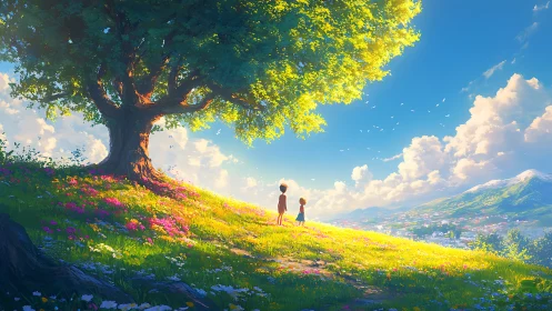 Sunlit hillside stroll beneath a comforting storybook tree.