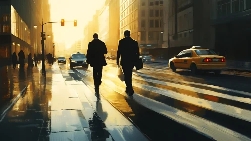 Urban professionals navigate wet city street at golden hour