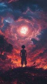 Lone warrior greeting a storm of swirling cosmic fire.