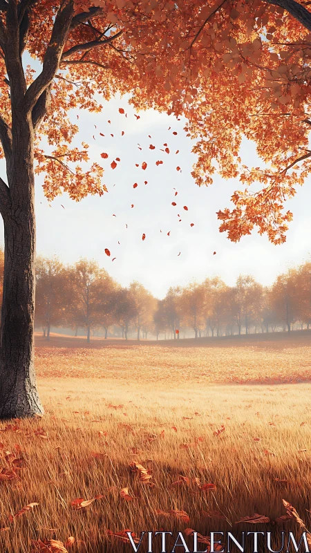 Tall tree overlooks windblown autumn field and distant woods