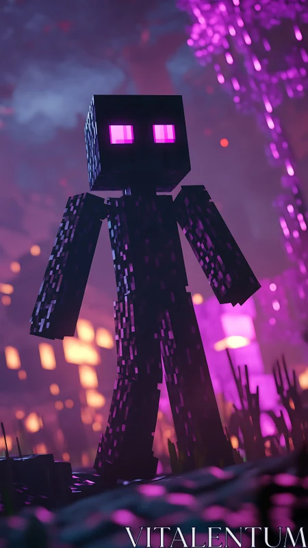 Voxel shadow entity under neon magenta volumetric light.